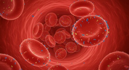 Microplastic in Human Blood. Microbeads and Microplastics pollution concept. Red blood cell with blue plastic particles. For medical, health, laboratory chemistry and environmental research. 