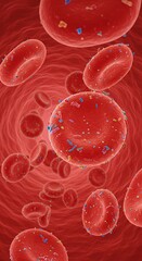 Microplastic in Human Blood. Microbeads and Microplastics pollution concept. Red blood cell with blue plastic particles. For medical, health, laboratory chemistry and environmental research. 