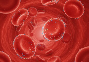 Microplastic in Human Blood. Microbeads and Microplastics pollution concept. Red blood cell with blue plastic particles. For medical, health, laboratory chemistry and environmental research. 