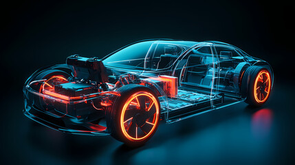 Automotive innovation: A detailed look at the inner workings of a sleek electric car, bathed in a futuristic neon glow, highlighting its cutting-edge technology.