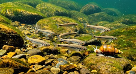 A Group of Rhombus Bitterling Delicately Picking at Algae and Tiny Invertebrates Clinging to Smooth River Stones