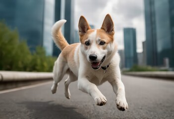 canaan dog running outdoors in urban park, purebred doggy playing outside betwenn modern skyscrapers, breed of hairy friend outdoor on the pavement