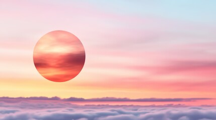 Fototapeta premium Large circular element featu a stunning sunset sky overlaying a serene landscape of pastel-colored clouds at either sunrise or sunset time of day