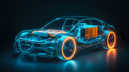 Innovation on Wheels: A digitally rendered illustration showcases an electric car's intricate internal components, highlighted with a futuristic and captivating neon glow.