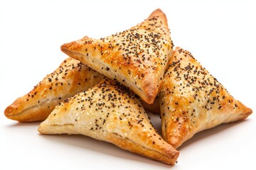 Golden Baked Samosas on a White Surface Close up View with Black and White Sesame Seeds Delicious Food
