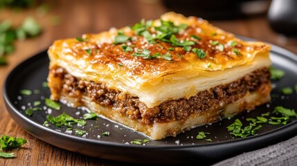 Close up culinary delight savory burek layered pastry filled ground meat topped parsley dish on wooden table