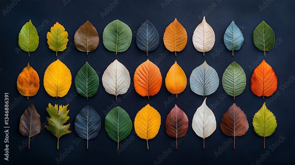 Poster Colorful autumn leaves arranged in a grid pattern on a dark background