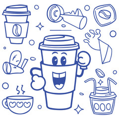 Vector outline design template and graphic elements for advertising, branding, posters and banners, funny cartoon illustrations with smiling characters, coffee cup mascot, print and sticker. 