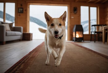 canaan dog running indoors in the cozy and warm living room of a cottage, purebred doggy playing inside at home, , breed of hairy friend indoor