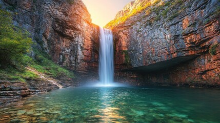 Fototapeta premium Dramatic waterfall cascading into emerald pool in a rocky canyon at sunrise