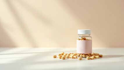 A small clear bottle with white cap holding magnesium glycinate tablets, sitting on a light-colored surface with pink background.