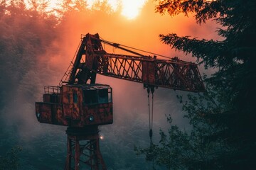 Rusty crane silhouetted against a vibrant sunset, overlooking a misty forest.