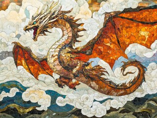 Fototapeta premium Mosaic dragon soars through cloudscape fantasy art.