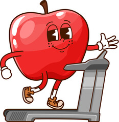 Cartoon funny groovy apple fruit character exercising on a treadmill, showcasing enthusiasm for fitness and healthy lifestyle. Isolated vector ripe apple evokes motivation, sport, wellness and health