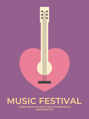 Music festival poster design with heart shaped guitar. Minimalist music festival background template. Vector illustration