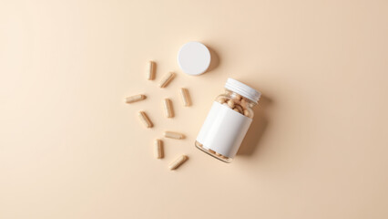 Magnesium glycinate capsules spilled out of a bottle on a soft surface.