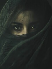 Naklejka premium Eyes peek from dark veil mysterious gaze