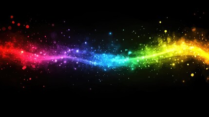 Vibrant abstract wave of colorful light particles flowing across a dark background, ideal for digital design projects