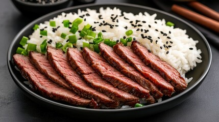 Sliced beef rests atop fluffy rice, drizzled with balsamic sauce and garnished with green onions and sesame seeds for a flavorful dish