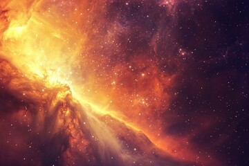 Obraz premium A vibrant nebula, glowing with fiery orange and yellow hues, speckled with countless stars across a dark cosmic backdrop.