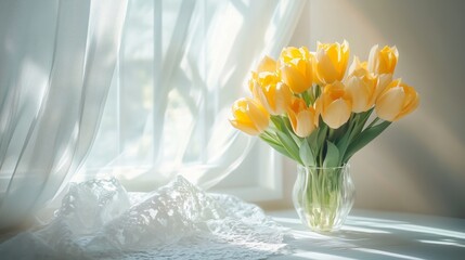 A vibrant bouquet of yellow tulips in a glass vase, illuminated by soft sunlight through sheer curtains on a peaceful morning.