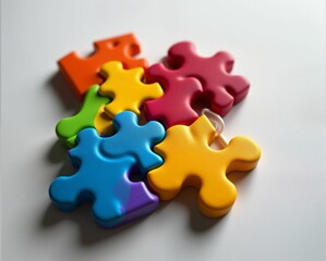 Obraz premium A colorful assortment of interlocking puzzle pieces arranged on a light surface, showcasing vibrant colors and playful shapes.