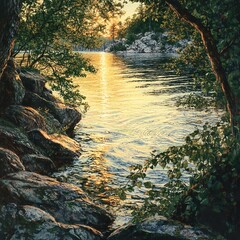 Obraz premium A lake shimmering under the golden hues of sunset reimagined with a fresh and dynamic composition.