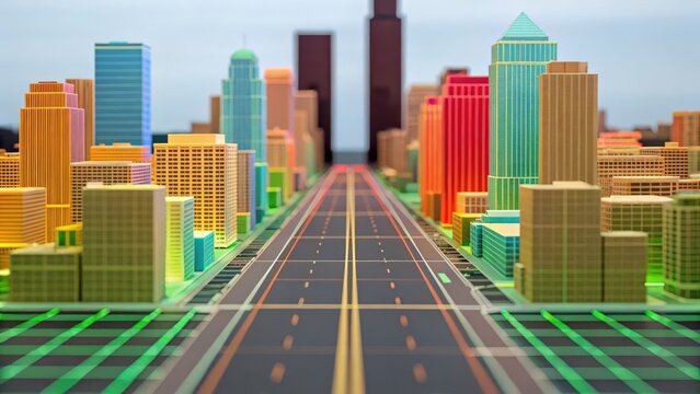 A digital representation of a city using holographic technology, highlighting urban infrastructure.