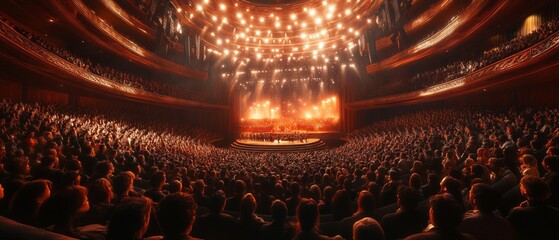 Majestic concert hall lit with bright lights, with a large audience enjoying the performance on stage. Suitable for album covers, concert posters, music event advertising.