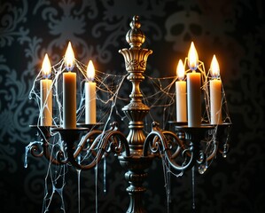 Fototapeta premium A gothic candelabra with lit candles and spider webs, set against a dark, ornate background, creating a haunting atmosphere.