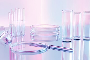 Glass laboratory equipment arranged on a reflective surface, illuminated by soft pink and blue lighting.