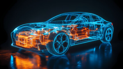 Automotive blueprint: The striking blue and orange illuminated automotive blueprint highlights the complex inner workings of a car. A captivating depiction of automotive engineering and design.