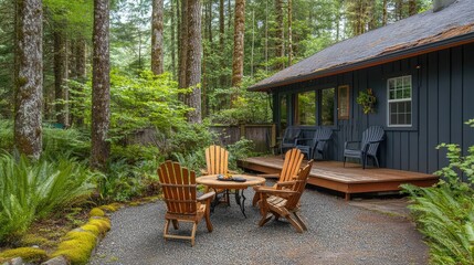 Obraz premium A natural backyard setting with small fir trees growing near a wooden deck and garden chairs.