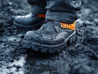 Worker's steel-toe boots in muddy job site close-up shot industrial environment focused perspective heavy-duty concept