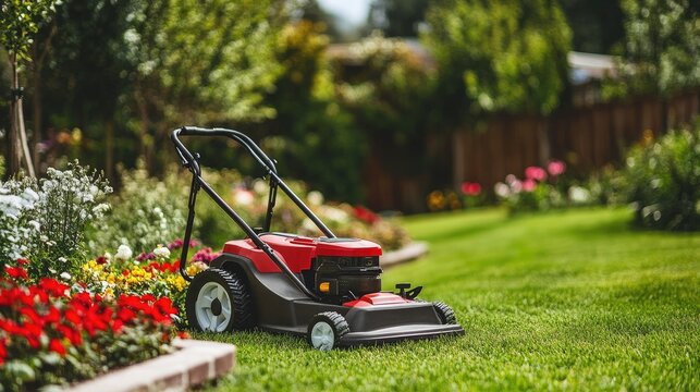 A new lawn mower standing on a lush lawn, surrounded by neatly arranged flower beds in a backyard.