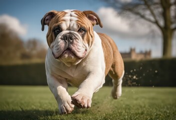 Fototapeta premium english bulldog running on the road of london city, purebred dog playing outdoors on the road of a modern town, adoroble pedigreed puppy in a contemporary metropolis
