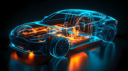 Electric Vehicle Blueprint: Futuristic car blueprint, revealing its inner mechanics, electrical system and engineering ingenuity. A neon-lit display, perfect for automotive and technological designs.