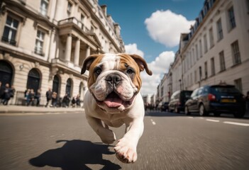 english bulldog running on the road of london city, purebred dog playing outdoors on the road of a modern town, adoroble pedigreed puppy in a contemporary metropolis