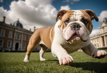 Fototapeta premium english bulldog running on the road of london city, purebred dog playing outdoors on the road of a modern town, adoroble pedigreed puppy in a contemporary metropolis
