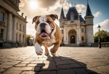 Obraz premium english bulldog running on the road of london city, purebred dog playing outdoors on the road of a modern town, adoroble pedigreed puppy in a contemporary metropolis
