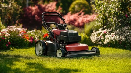 A powerful gas-powered lawn mower positioned on green grass in a landscaped backyard with blooming flowers.