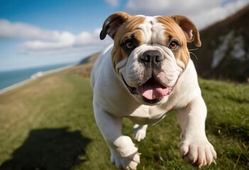 Fototapeta premium english bulldog running on the countryside, dog playing outdoors in the mountains, small pup in the nature
