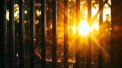 Obraz premium Sunset Glow Through Metal Gate with Stunning View for Tranquil Property Entrance