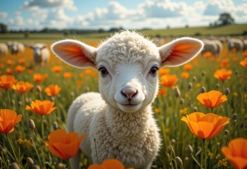 Fototapeta premium Adorable Fluffy Lamb in Vibrant Orange Poppy Field Springtime Nature Cute Animal Photography pet farm soft 