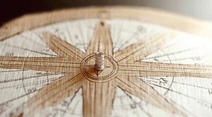 Intricate Compass Rose Design with Metal Pivot Point on Wood Surface