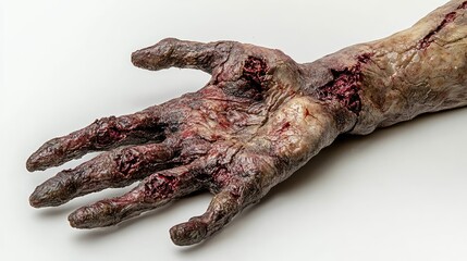 A gruesome, realistic severed hand with decayed skin and exposed tissue, displayed against a plain background