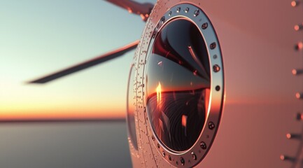 Close-up of a helicopter rotor spinning at sunset, reflecting warm light, highlighting mechanical engineering and aviation