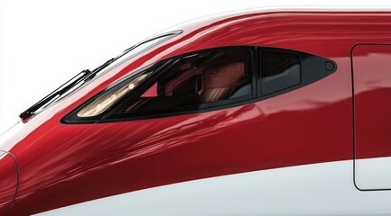 Close-up of High-Speed Train's Sleek Nose with Modern Design Elements, Red and White Livery, and Aerodynamic Features