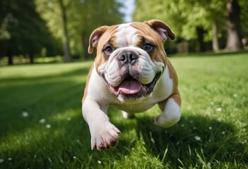 Fototapeta premium english bulldog running on green grass of a park, dog playong outdoors in the countryside,
