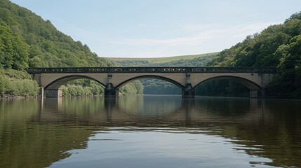Stone arch bridge spanning calm lake in verdant valley.
